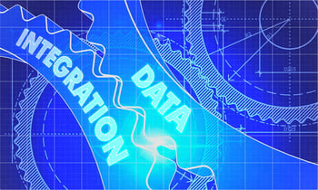 Data Integration on Blueprint of Cogs. Technical Drawing Style. 3d illustration with Glow Effect.